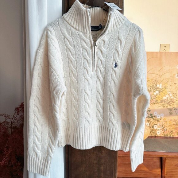 Polo Ralph Lauren CABLE WOOL CASHMERE HALF ZIP SWEATER CREAM AUTH - Picture 2 of 8